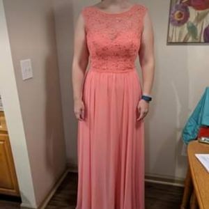 Morilee coral bridesmaid dress